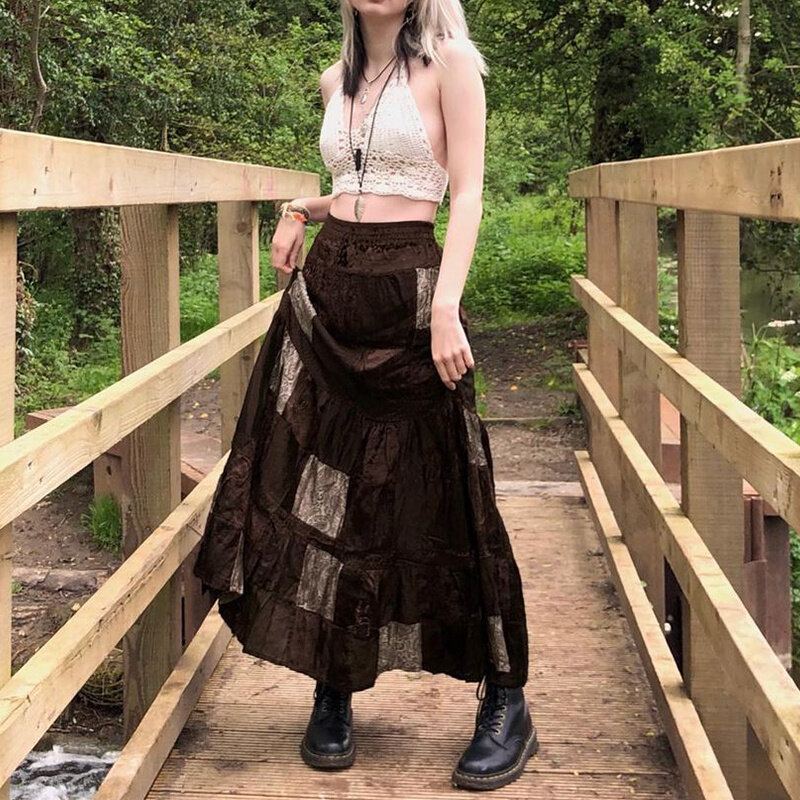 Hirigin y2k vintage marrom retalhos saias longas impressão boho grunge fairycore retro plissado saias kawaii férias feminino streetwear