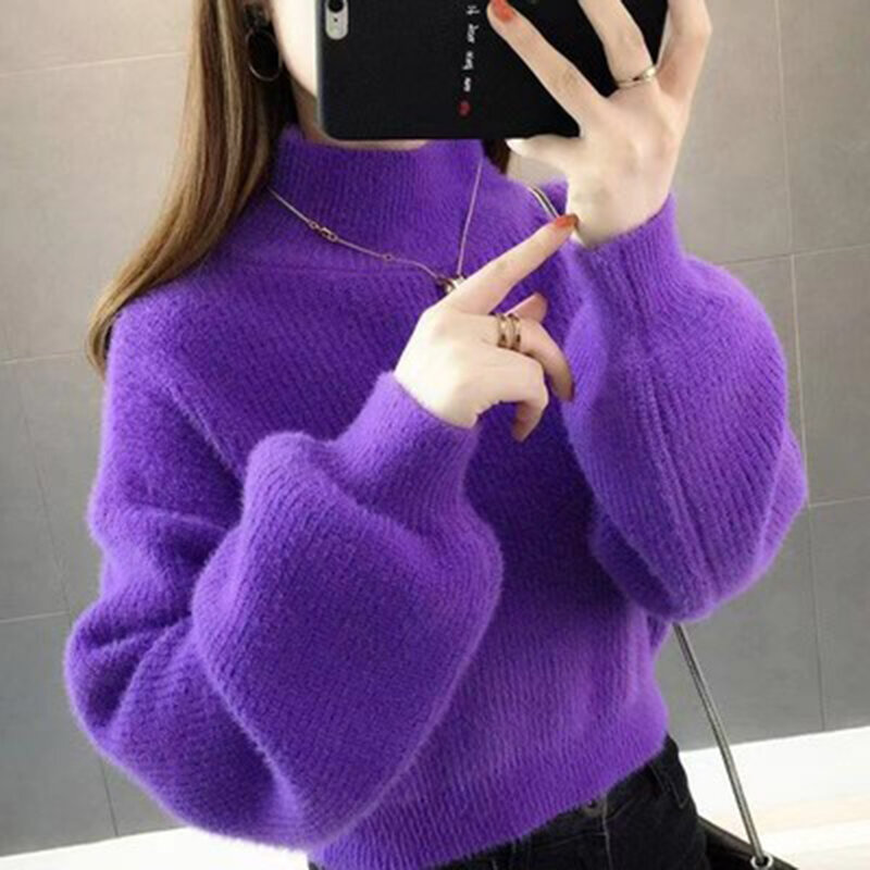 Suéter corto de lana suave para niñas, suéter de color púrpura, sólido, Kawaii, de lana suave, mangas farol, suelto, Cachemira, de punto, Otoño e Invierno