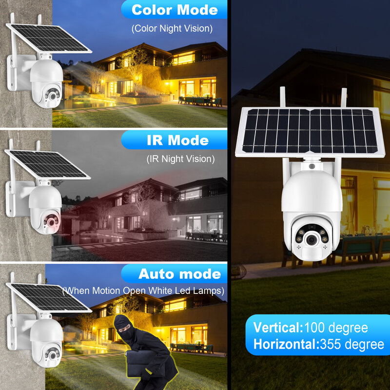 Caméra de surveillance extérieure à panneau solaire, alarme d'intrusion bidirectionnelle, longue veille, CCTV, maison intelligente, carte vidéo PTZ 4G, Wi-Fi, HD 1080P