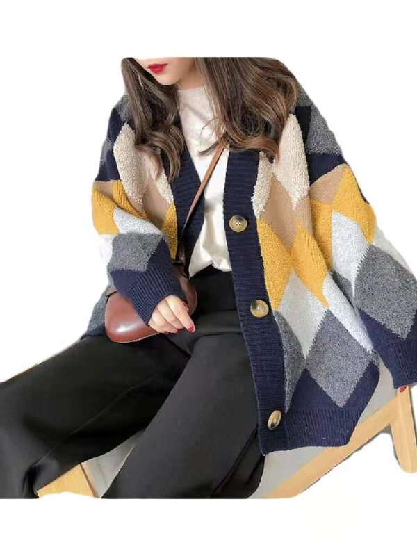 Tecido feminino coreano nova malha cardigan thickenedwinterwearcontraste camisola tamanho grande casaco feminino preguiçoso estilo v-neck moda