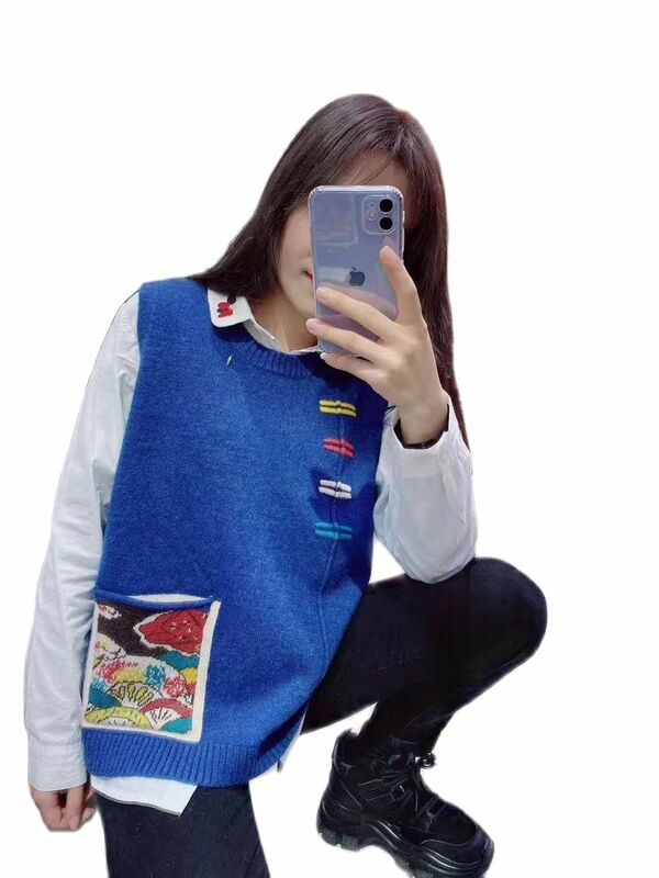 2020春秋oネックニットベスト韓国のセーターのベストヴィンテージ女性ストライプカシミヤベストポケットファッションベストノースリーブ