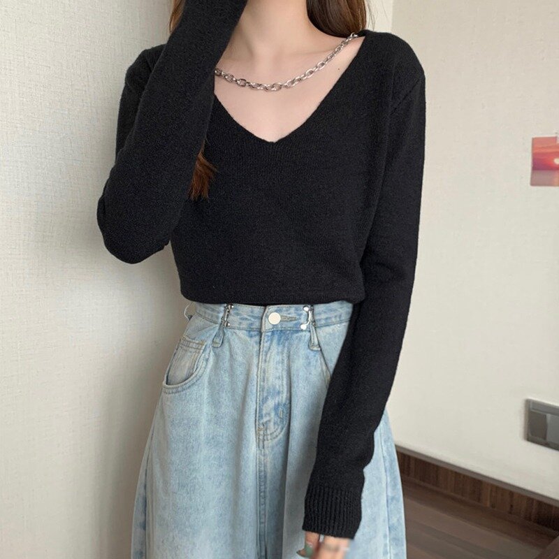 Camiseta feminina com decote em v outono moda magro curto de malha topos manga longa inferior de malha pulôver