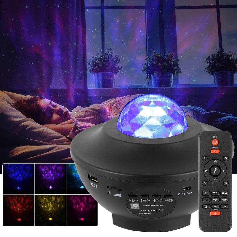 Proyector de luz de estrellas de música USB, lámpara de noche con Bluetooth, Estrella estrellada, ola de agua, LED, proyección de luces nocturnas, decoración de habitación