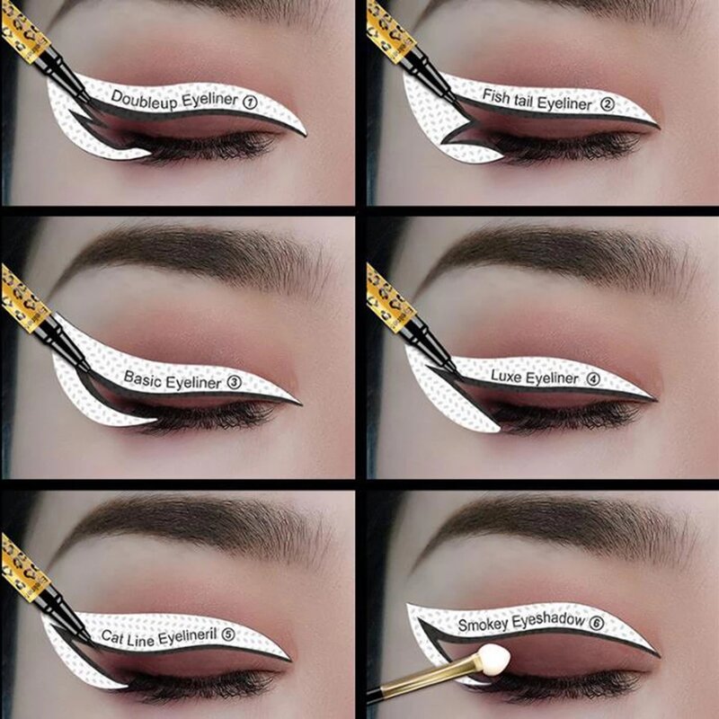 24 pçs eyeliner eyeshadow estênceis 2 em 1 modelo de maquiagem adesivo cartão 12 estilos não tecido 3 minutos moldar ferramenta fácil de usar