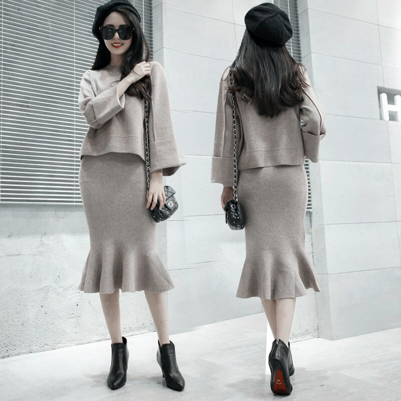 Модная женская модель 2021, новый зимний однотонный Свободный вязаный пуловер, свитер, облегающая юбка с завышенной талией, Женская юбка из дв...