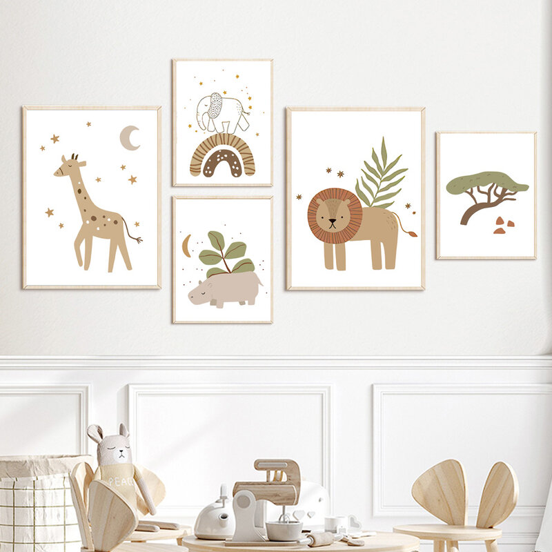 Pintura en lienzo de León, jirafa, hipopótamo, elefante, Animal lindo para pared, carteles nórdicos e impresiones, imágenes de pared, decoración para habitación de niños