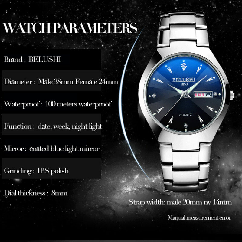 Relógio de pulso de quartzo de luxo para homem e mulher belushi duplo calendário semana aço casal relógios relogios masculino