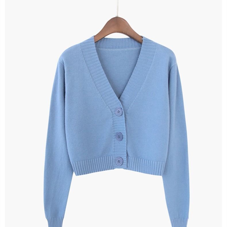 니트 크롭 가디건 여성 한국어 짧은 스웨터 긴 소매 V 넥 녹색 파란색