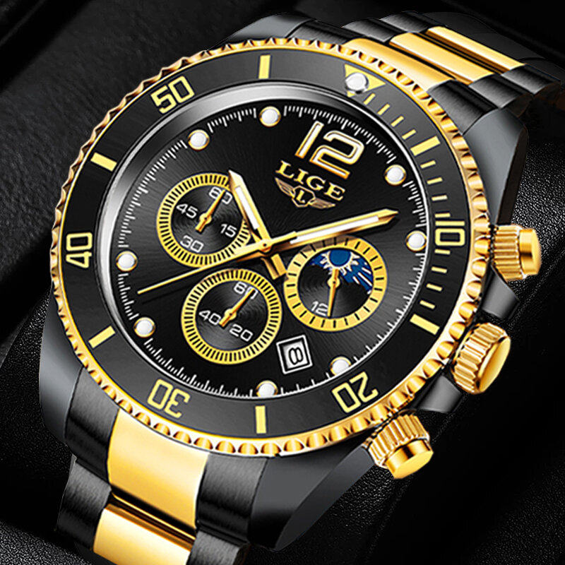 Lige homens relógios topo marca de luxo moda negócios relógio masculino aço inoxidável à prova dwaterproof água relógio de pulso relogio masculino + caixa