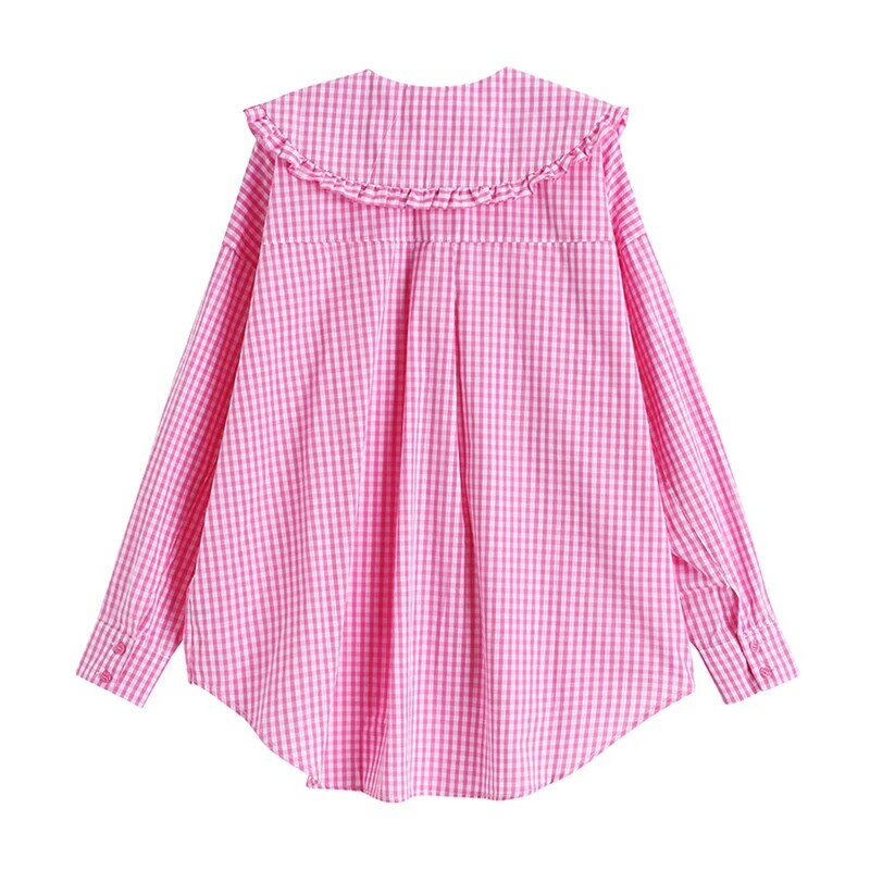 Vintage elegante rosa xadrez blusa feminina peter pan colarinho manga longa botão doce lolita camisa topos 2021 mujer blusas femme