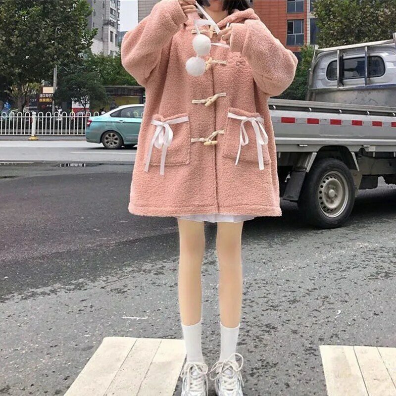 Casaco artificial feminino bonito kawaii lolita inverno cardigan com capuz lambswool casacos coreano estudante solto acolchoado roupas de algodão novo