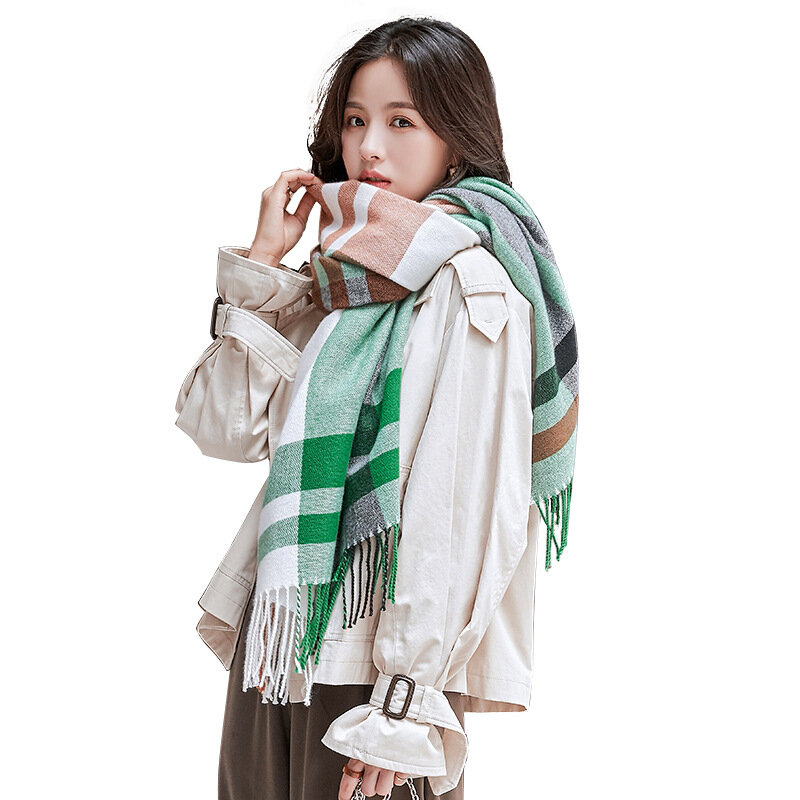 Outdoor New Winter Plaid Scarf Printed Tassels Imitation Cashmere Fashionable Sweet Shawl With Medium Length Thick Warmth Women