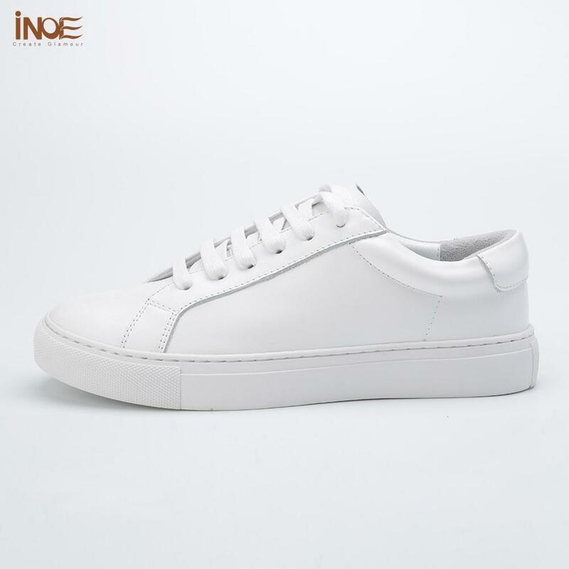 INOE Classic Genuine Leather Women Shoes Spring Casual Sneakers Driving Cars Autumn Leisure Shoes Woman for Walking Flats White
