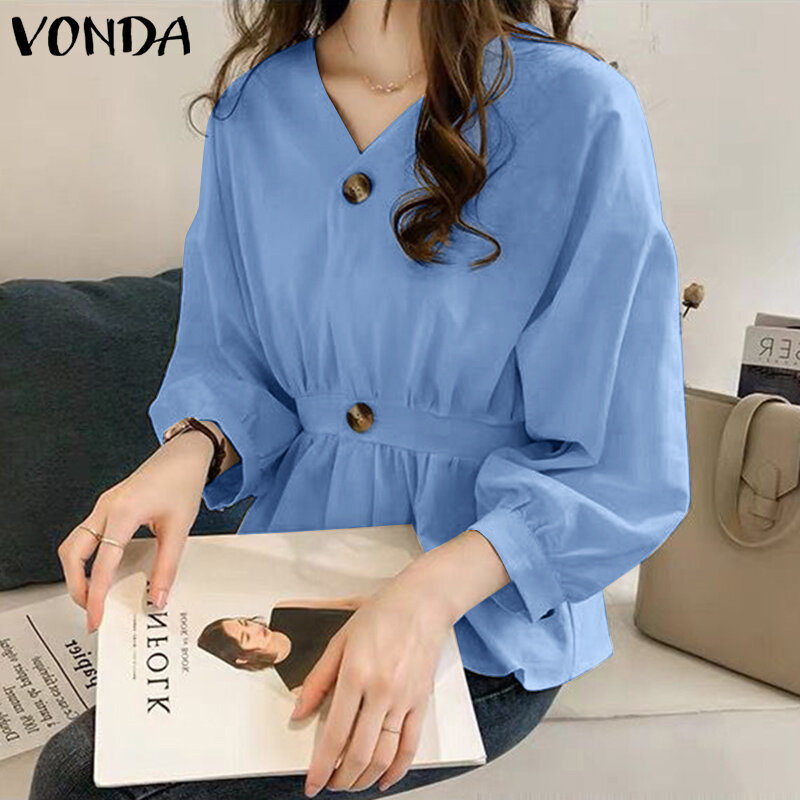 Women Long Sleeve Shirts 2021 VONDA Female Casual Blouse Blusas Femininas S- Solid Color Pleated Tunic Tops 