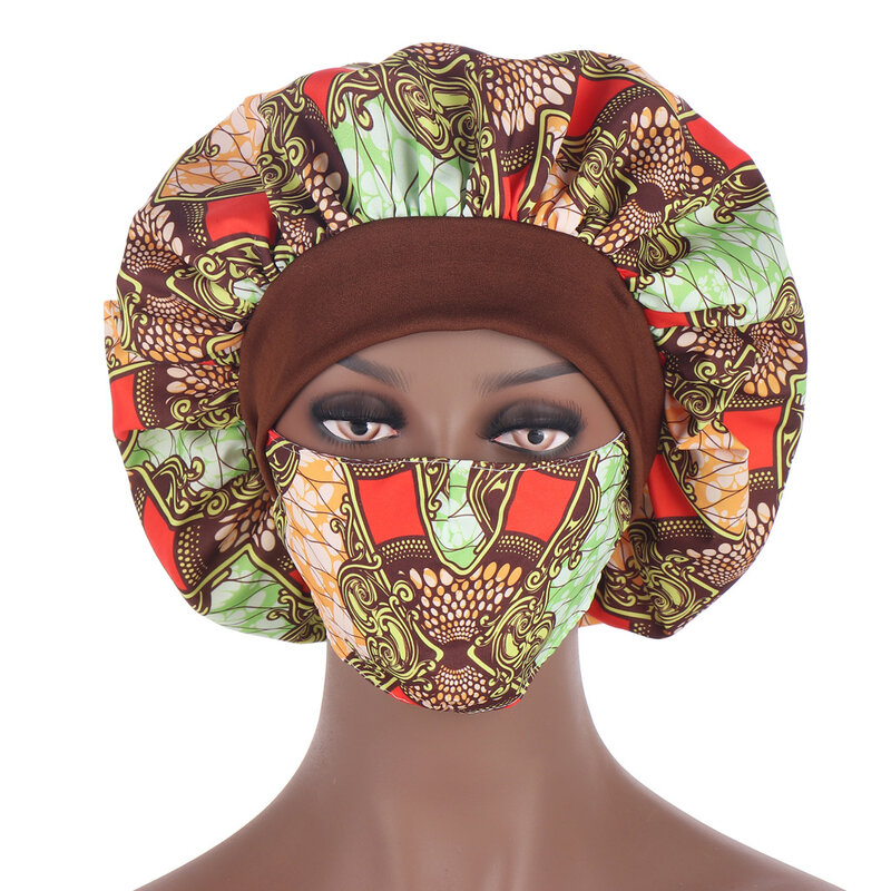 アフリカ柄プリントサテンボンネットとhijabs帽子女性夜の睡眠キャップマスクターバン特大ヘッド磨耗女性ヘッドラップ帽子
