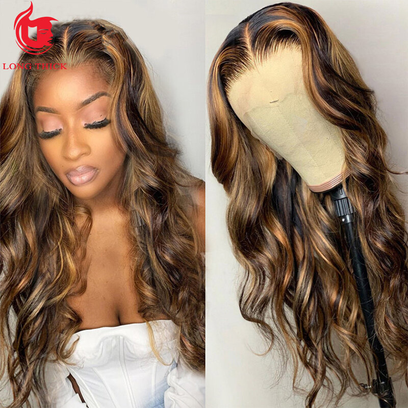 Perruque Lace Front Wig brésilienne naturelle, cheveux humains, ombré, blond miel, Body Wave, 30 pouces, pour femmes africaines