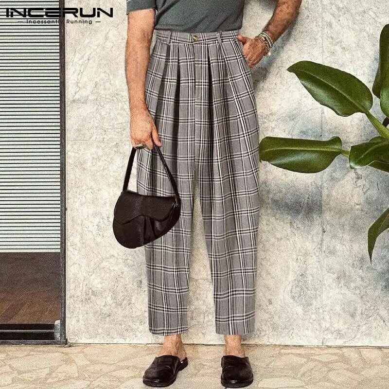 INCERUN 2021 stylowe nowe męskie Tartan Pantalons casualowe w stylu Streetwear długie spodnie męskie moda Casual Plaid Harem spodnie w kratę S-5XL