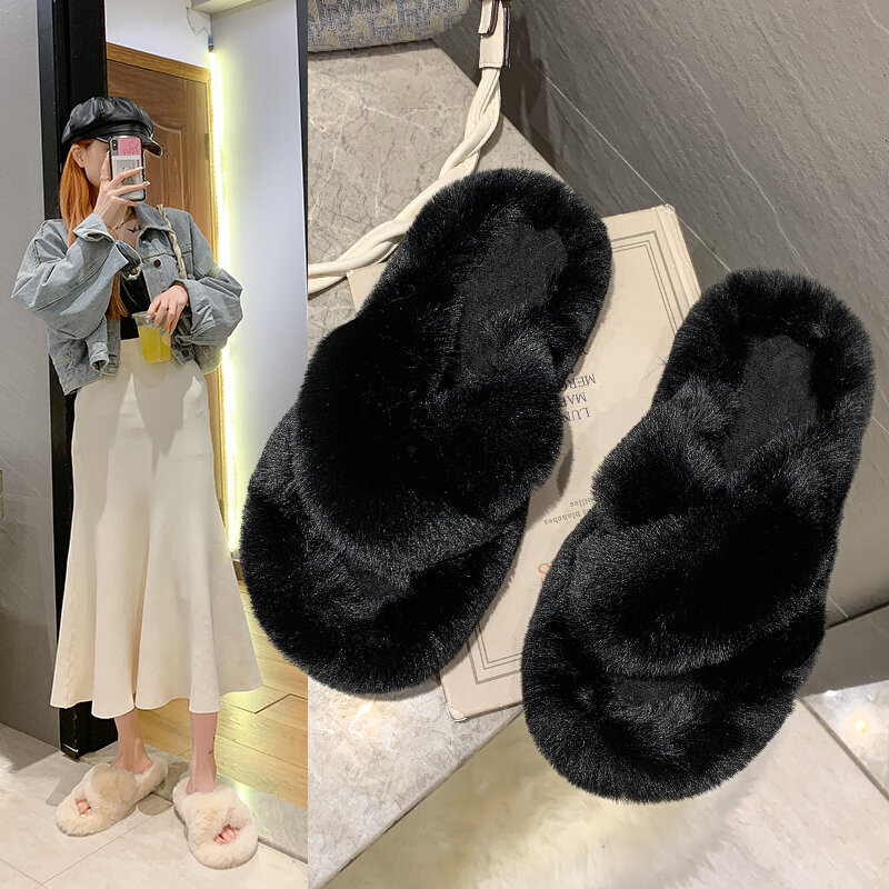 Sandal Katun Rumah Wanita Berbulu Hangat Bulu Imitasi Mode Cozy Houes Lantai Slip On Flat Sepatu Musim Dingin 2021 untuk Wanita