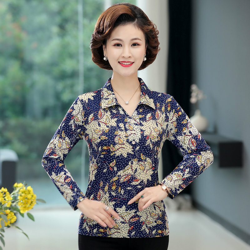 Women Flower Blouse Autumn Johnny Collar Long Sleeve Tops Mature Woman Casual Daily Clothes Red Blue Blouses Mother 2021