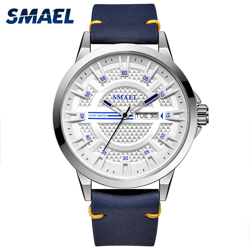Smael marca superior homem relógio de moda pulseira de couro relógios masculinos à prova dwaterproof água liga quartzo relógio de pulso calendário esportes masculino
