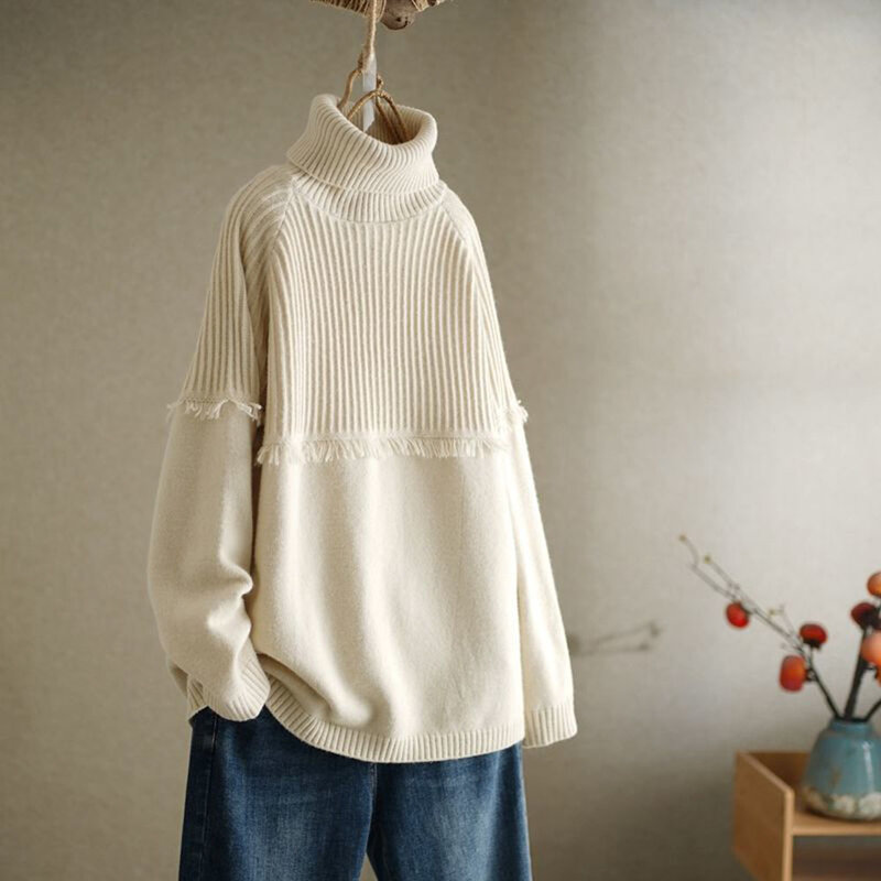 ฤดูหนาวเสื้อผ้าผู้หญิงคอเต่าพู่เรียบง่ายถักเสื้อกันหนาวขี้เกียจเกาหลีสไตล์ผู้หญิงเสื้...