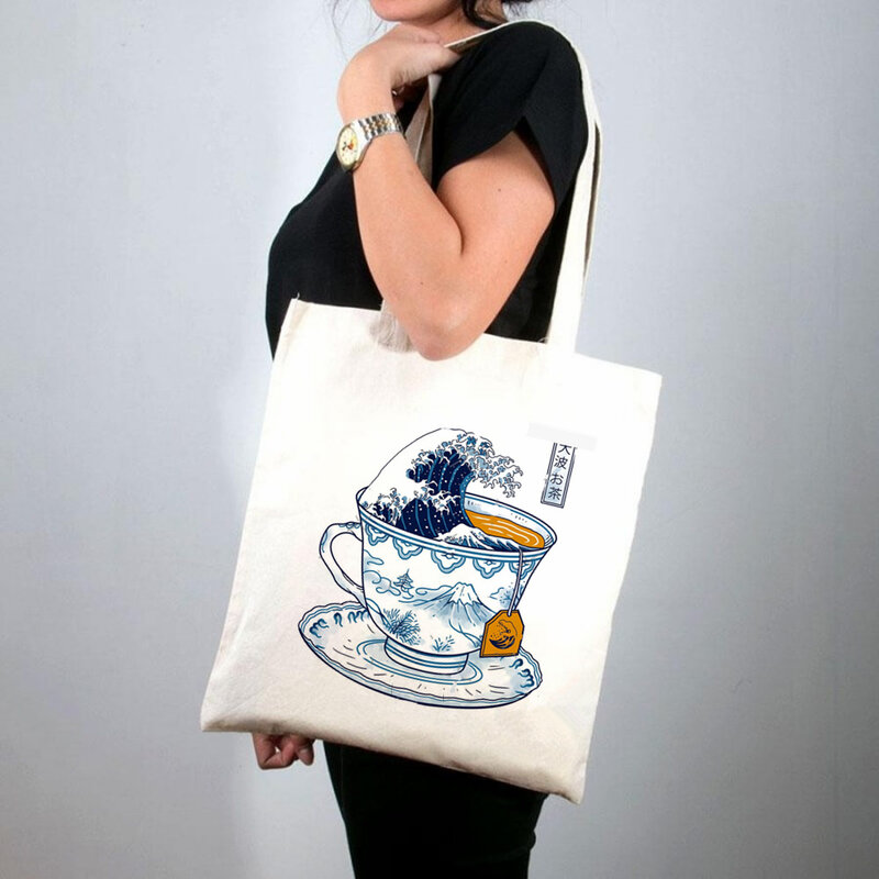 2021 сумка-шоппер большой канагава Чай печать сумка-тоут для женщин Harajuku сумка для покупок через плечо; Сумка-шоппер леди Сумки-холсты