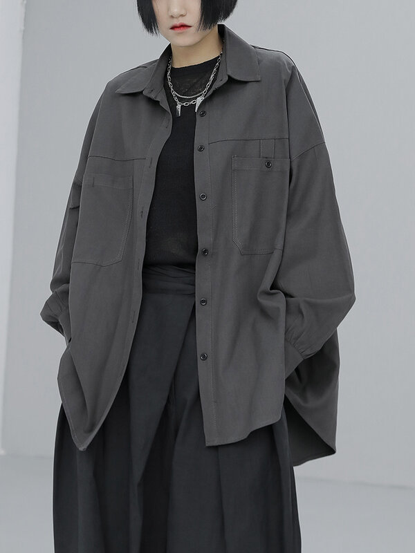 XUXI Kaus Kancing Tunggal Lengan Panjang Korea Blus Sambungan Mode Streetwear Katun Longgar untuk Wanita E4453