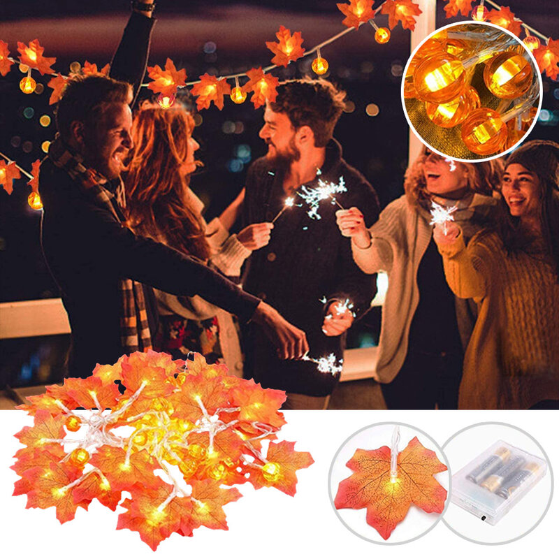 Светодиодная гирлянда с кленовыми листьями и тыквой, фонарь на батарейках для Хэллоуина, Дня благодарения вечерние НКИ, комнатное и уличное...