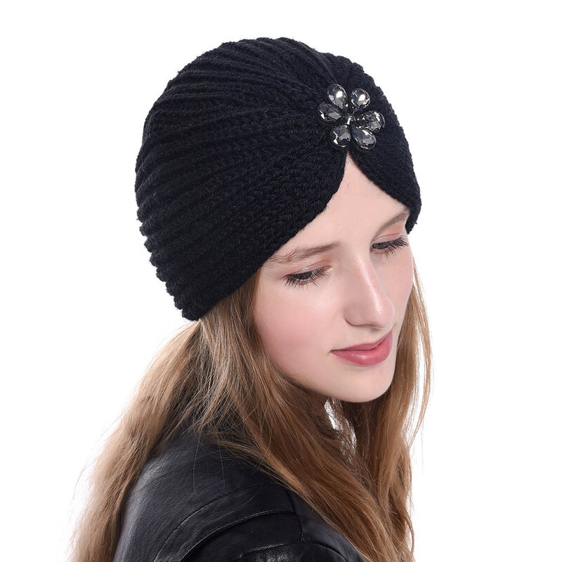 Donne inverno strass fiore Crochet turbanti Glitter moda Afro Headwrap Boho cappello chemio cappello invernale lavorato a maglia