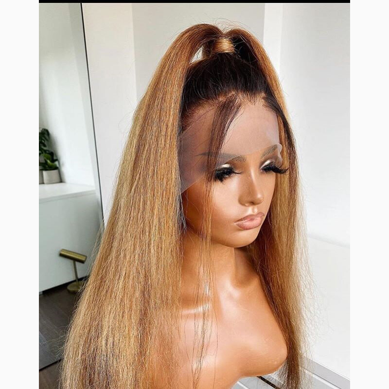 Perruque Lace Front Wig Remy naturelle Yaki, cheveux lisses et longs, ombré 1B27, 13 × 6, u-part, pre-plucked, Ratio moyen, sangle réglable