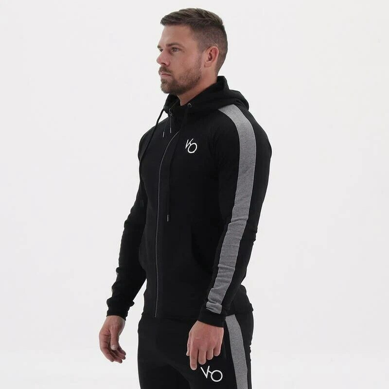 Spring and autumn new cotton embroidery men's suit fashion hooded zipper hoodie zipper pocket casual trousers