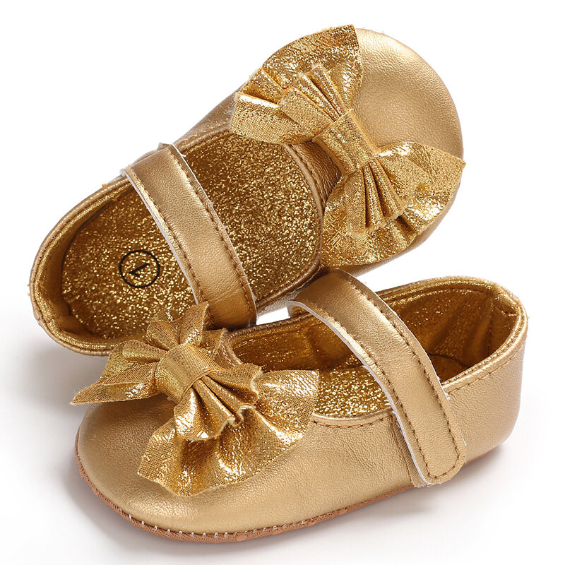 Primavera e outono sola macia plana shoescote arco nó cor sólida rosto brilhante 0-18 meses vestido de bebê sapatos de princesa sapatos de criança