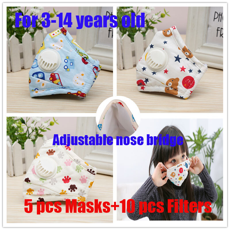 Máscara facial infantil com válvula de respiração, reutilizável, lavável, com 5 peças, para estudantes e crianças