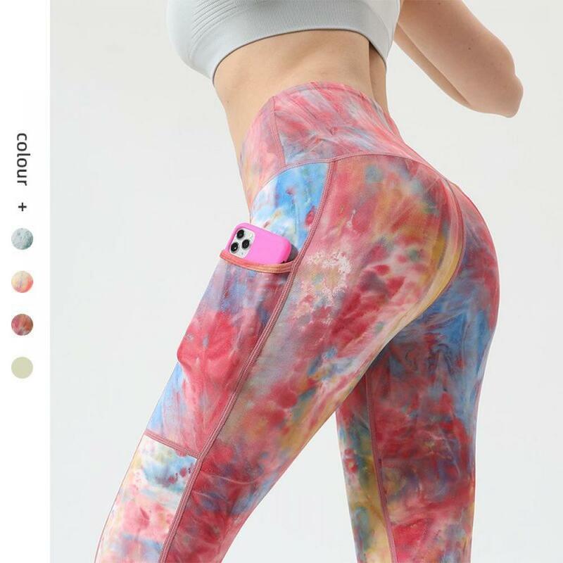 Celana Yoga Celana Panjang Print Ikat Pinggang Tinggi dengan Saku Celana Kebugaran Wanita Legging Gym Pakaian Olahraga Legging Mulus Wanita