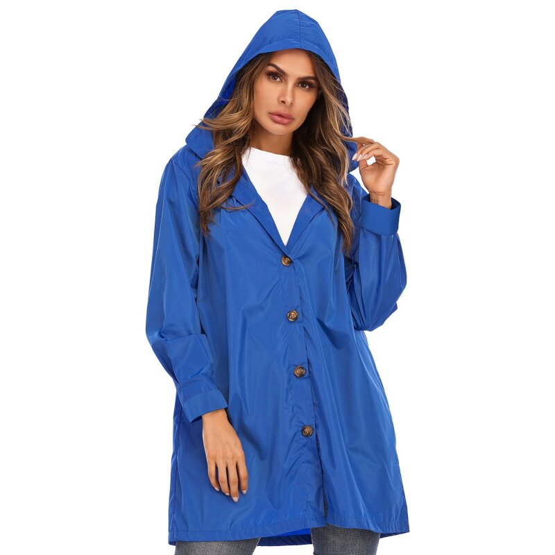 Botões capa de chuva com capuz jaqueta senhoras à prova de vento impermeável casaco feminino manga longa outerwear