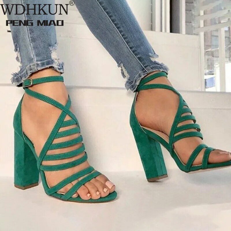 Women Sexy Sandals Lady High Heels Design Women's Cross Strap Bandage Shoes Lady Party Female Ankle Strap Flock 2020 summer
