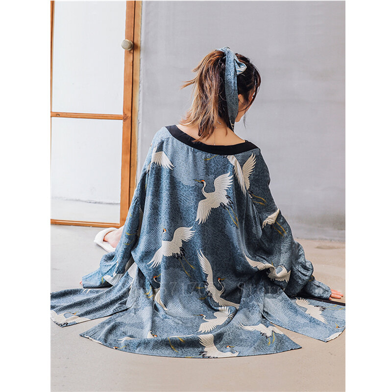 Ukiyo-e Japanischen Kimono Kleid Frauen Kran Vinatge Yukata 3PCs Mantel + Top + Hosen Pyjamas Anzug Haori samurai Harajuku Asiatische Kleidung