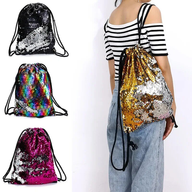 2021 Cheap Sequin Paillette Women Lady Grils Students Drawstring Light Weight Backpack
