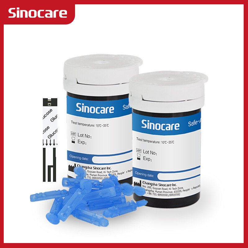 Sinocare 50/100/200/300/400/500 Buah untuk Safe-Accu, Strip Tes Glukosa Darah dan Lancets untuk Penguji Diabetes