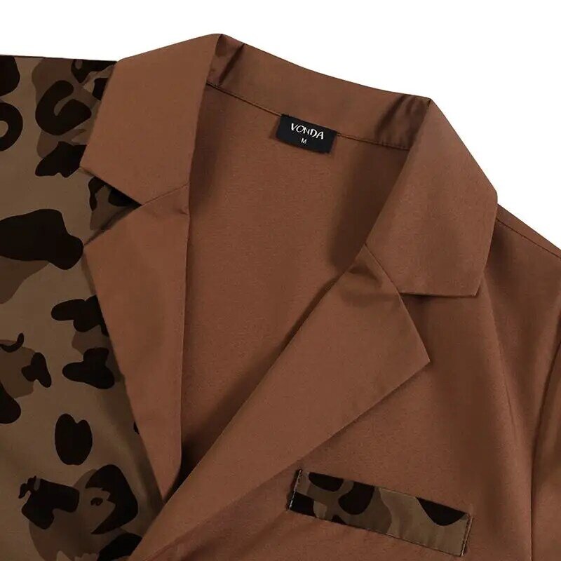 VONDA-Blusa informal con estampado de leopardo para mujer, camisa de retazos con cuello de solapa para fiesta, estilo bohemio, 2021