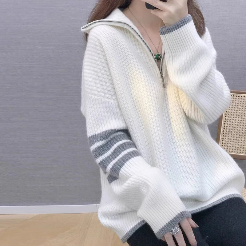 Gaya Korea Musim Gugur dan Musim Dingin Angin Malas Menebal Wanita Kerah Berdiri Ritsleting Sweter Baru Wanita Eropa Longgar Pullover