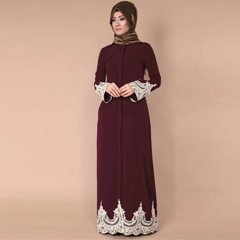 موضة 2021 فستان مسلم النساء فساتين فام لون نقي مشبك كامل الدانتيل رداء طويل الأكمام أنيقة فستان طويل
