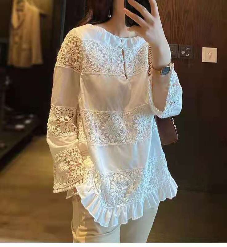 Atasan Putih Blus Renda Lengan Panjang Mesh Patchwork Wanita Kamisol Pullover Antik Bordir Kemeja Putih Blus Wanita Molin