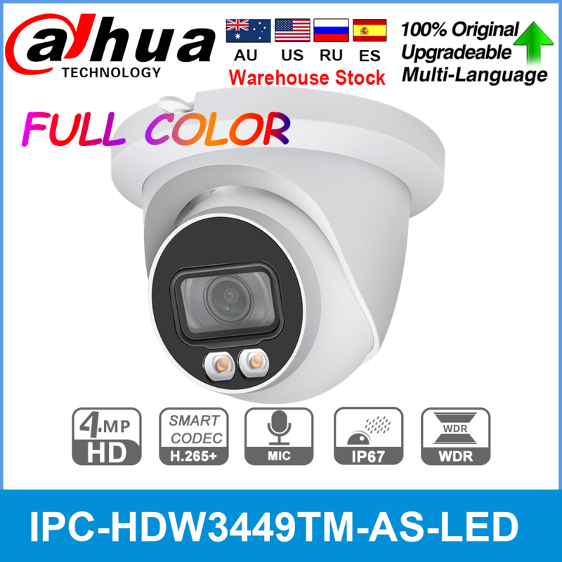 Dahua-IPC-HDW3449TM-AS-LED Original de 4MP a todo color, H.265, micrófono incorporado y ranura para tarjeta SD LED cálida, cámara de red PoE IP67