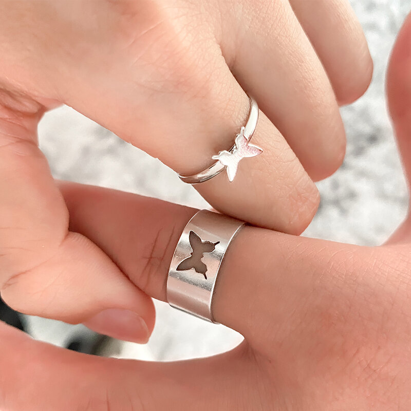 Cincin Kupu-kupu Warna Perak untuk Wanita Pria Cincin Pasangan Kekasih Set Cincin Pernikahan Pertunangan Persahabatan Cincin Terbuka 2021 Perhiasan Tren