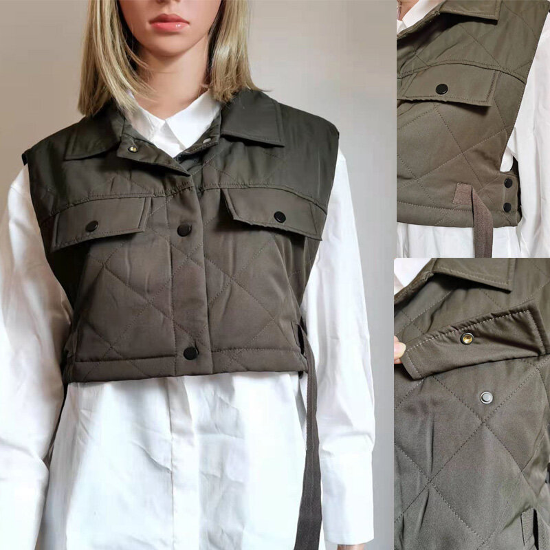 Rompi Wanita Jaket Tanpa Lengan Kerah Hijau Tentara 2021 Mode Atasan Streetwear Rompi Desain Saku Besar