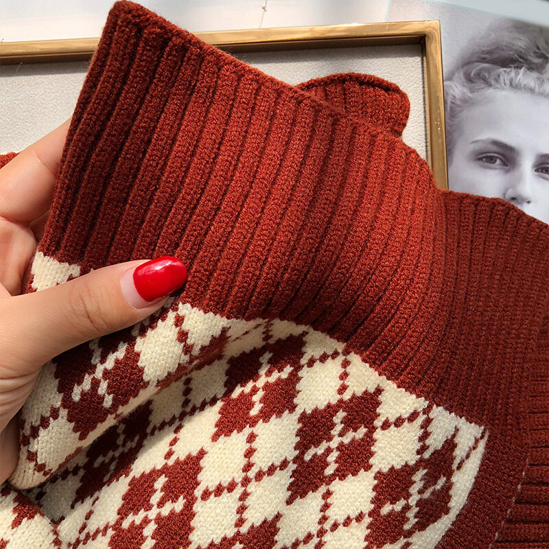 Syal Kotak-kotak Berlian Rajut Vintage untuk Wanita Pria Syal Pola Geometris Bungkus Leher Tebal Uniseks Foulard Hangat Klasik Musim Dingin
