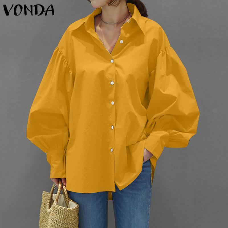 가을 블라우스 여성 탑 2021 VONDA 캐주얼 긴 랜턴 슬리브 캐주얼 옷깃 버튼 솔리드 루스 우아한 파티 티 셔츠 Blusas
