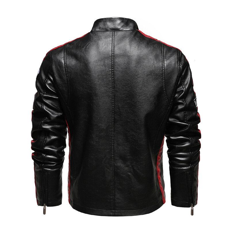Listra retalhos jaqueta de couro da motocicleta dos homens inverno velo motociclista plutônio casaco masculino bordado epaulet jaquetas de couro do falso