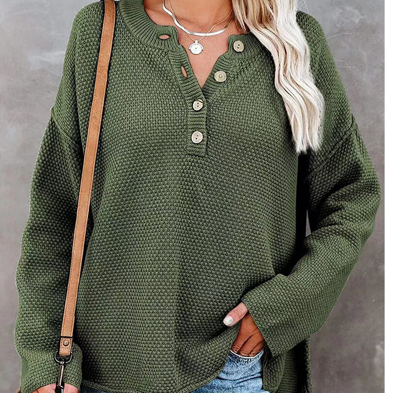 Damski Street Solid Color luźny dzianinowy sweter duży rozmiar Casual sweter z dekoltem typu V-Neck moda długi sweter z rękawami jesienno-zimowa